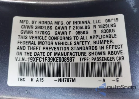 2019 Honda Civic Ex from USA, damaged, VIN 19XFC1F39KE008987